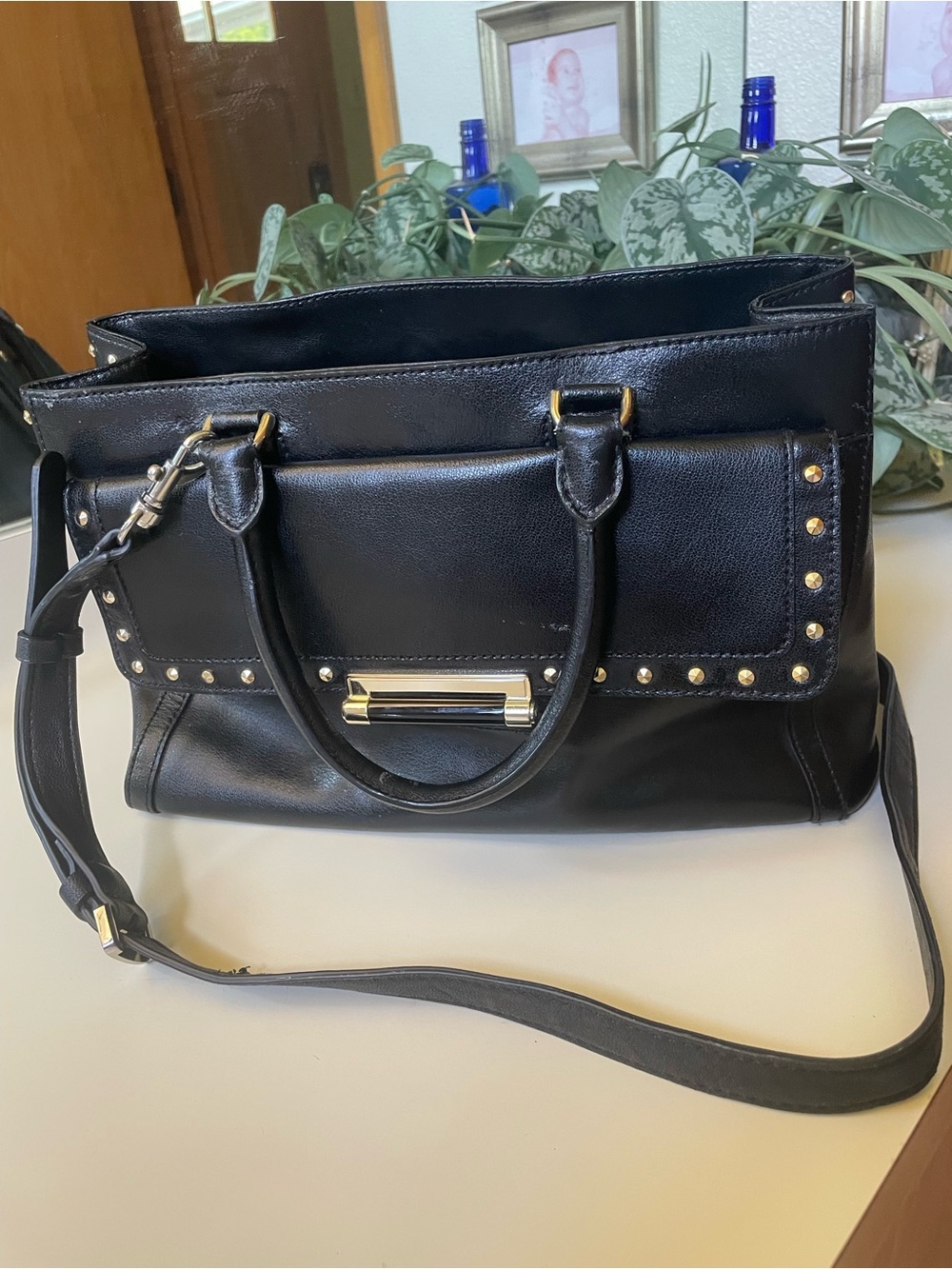 Diane Von Furstenberg Black Studded Leather Satchel Handbag